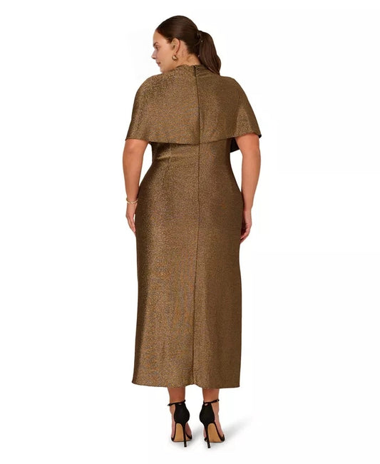 Roselle Dress plus size bronze metallic cape midi formal wedding guest dress back view with centre back zipper closure