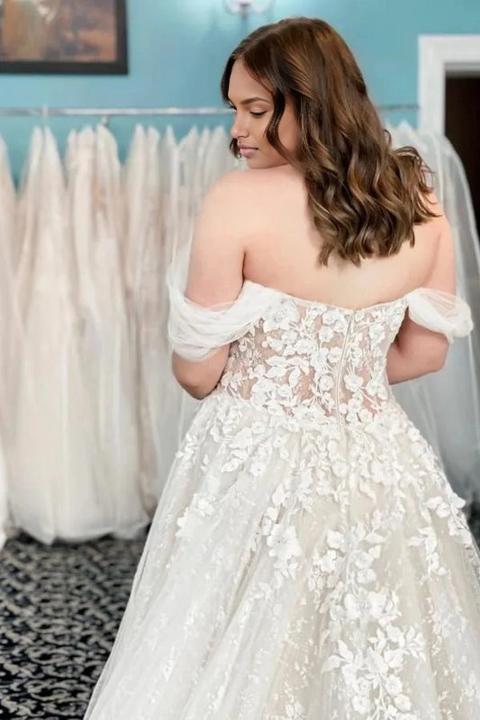 Back view Roselledress plus size wedding gown sheer lace illusion back off‑the‑shoulder tulle sleeve bridal dress