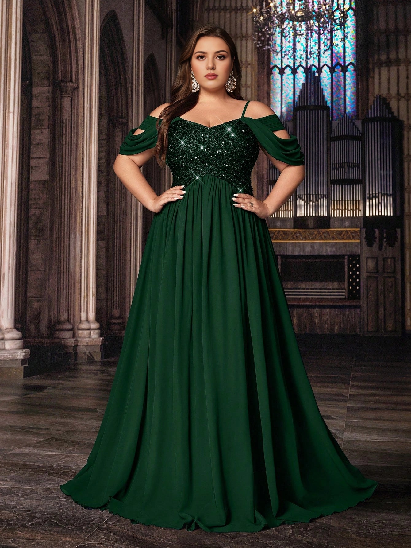 roselledress emerald green plus size a‑line prom dress off‑shoulder cold shoulder short sleeve sequin bodice chiffon formal gown for curvy women