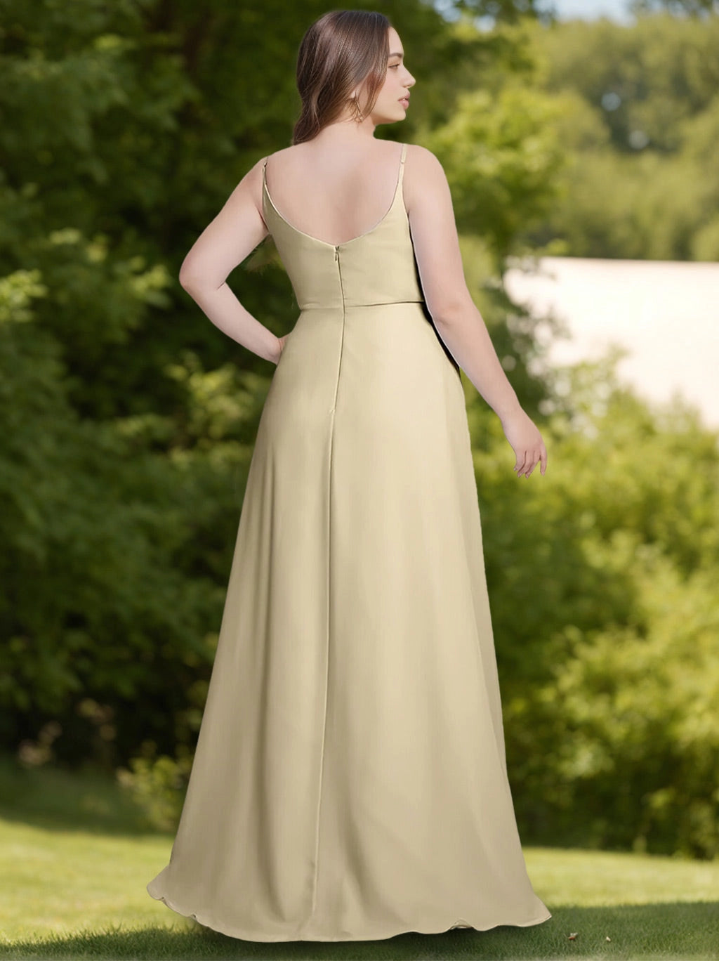 Back view RoselleDress pale gold curvy satin dress thin adjustable strap v open back floor-length wedding party maxi dress