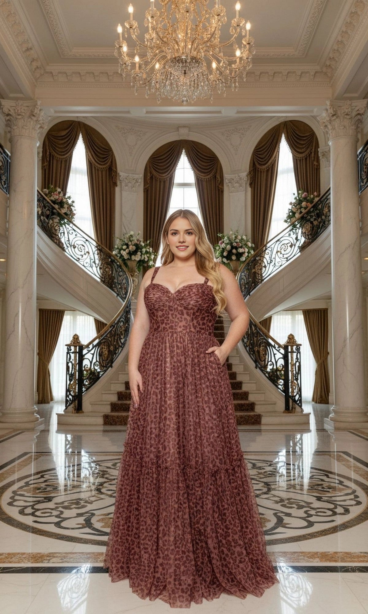 Glamorous A-Line Sweetheart Spaghetti Strap Corset Back Floor‑Length Plus Size Leopard Print Prom Dress