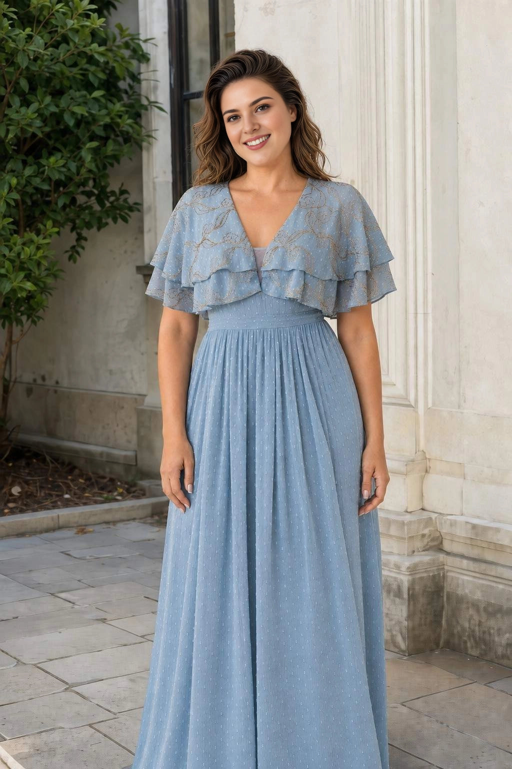 Romantic A Line V Neck Flutter Sleeve V Back Zipper Back Plus Size Chiffon Maxi Prom Dress
