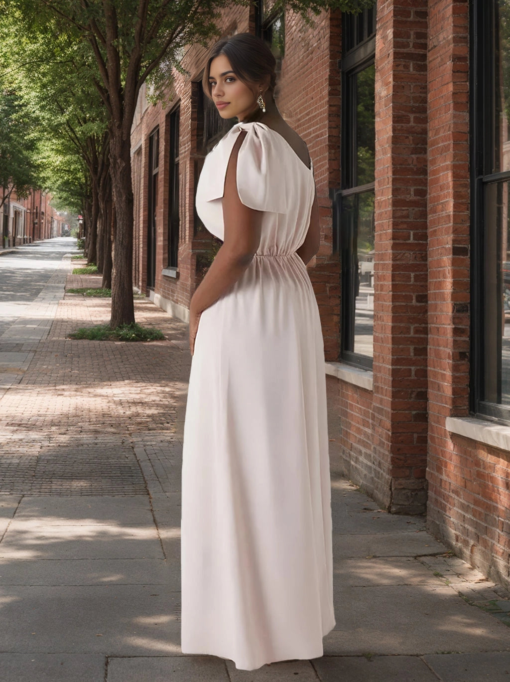 roselledress curvy blush satin bridesmaid dress elastic waist soft U open back floor length simple bridal party dress
