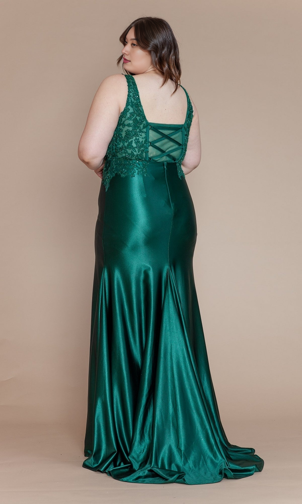 Roselledress plus size lace mermaid prom dress back view, crisscross corset back emerald green evening gown