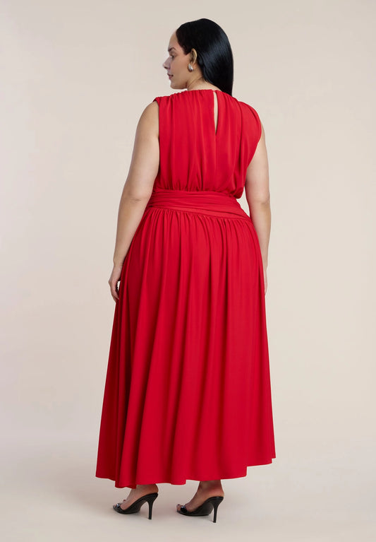 Roselle Dress plus size red keyhole back gathered maxi formal wedding guest dress back view