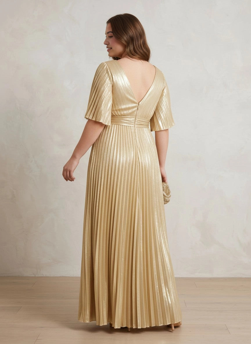 Roselledress shiny gold pleated evening gown back view, deep v-back zipper closure plus size wedding guest maxi dress