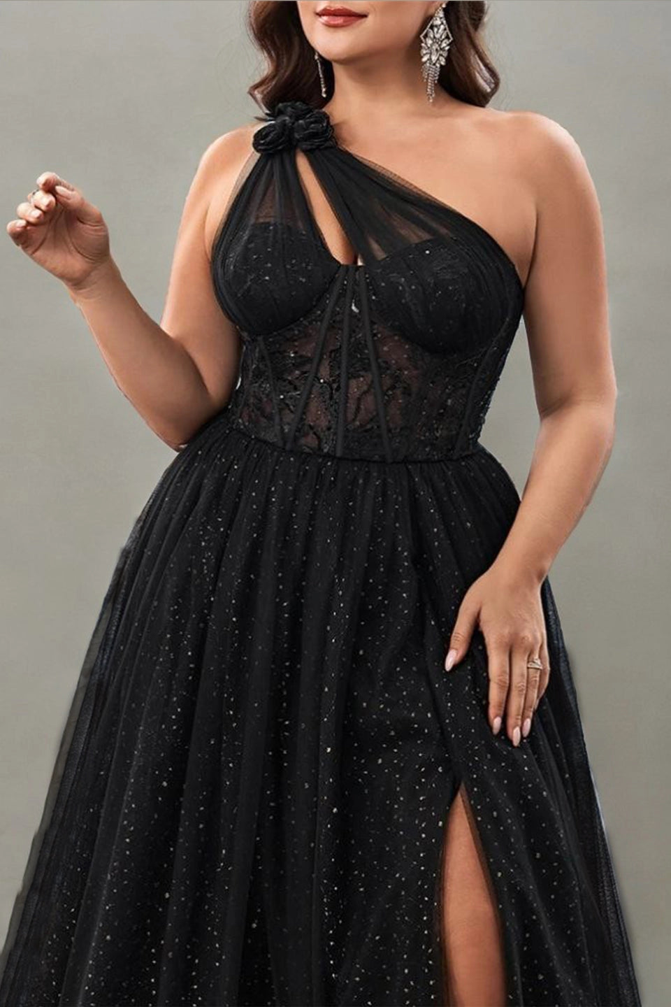 A-line Train One-Shoulder Lace-Corset Lace-Up-Back Maxi plus size Mother Of Bride Dress