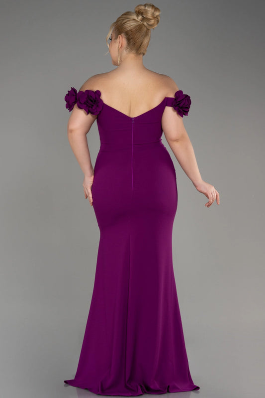 Back view of a roselledress plus size purple off shoulder floral sleeve evening dress with zipper back