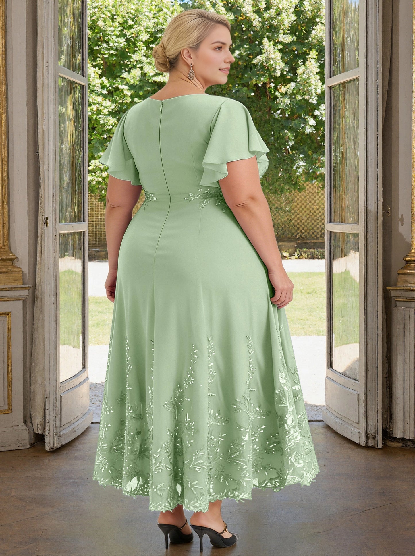 Roselledress sage green a‑line formal dress back view, zipper back sequin embroidery plus size mother of bride gown