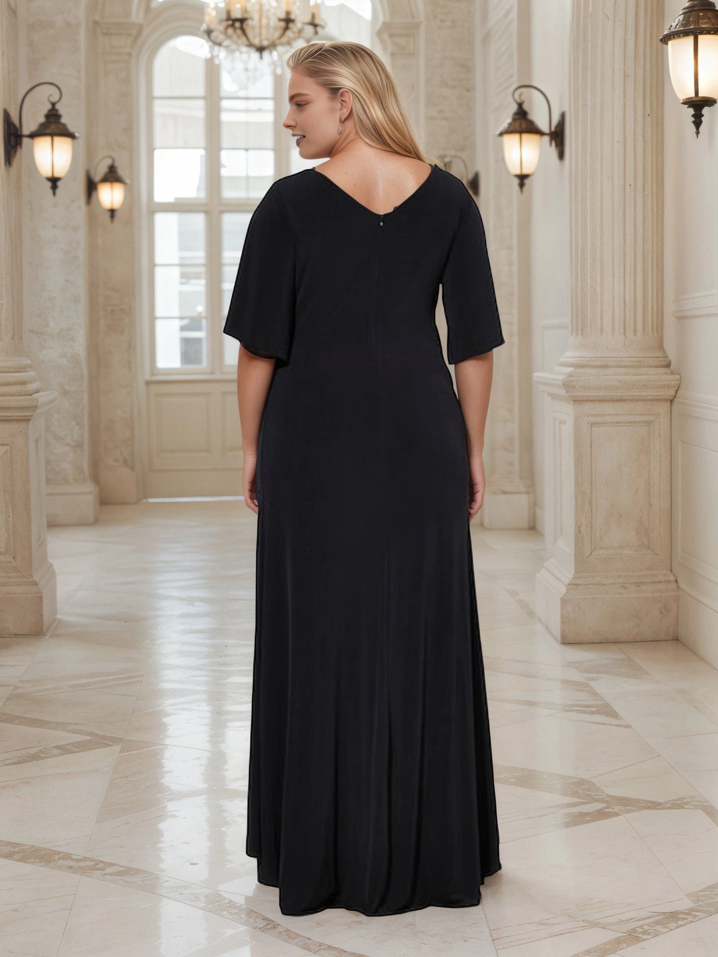RoselleDress black plus‑size a‑line wedding guest gown v‑back zipper closure flutter sleeve dress back view floor‑length formal mother of bride gown