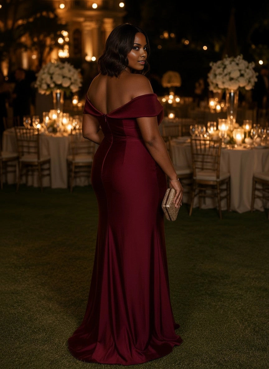roselledress fold off‑shoulder back zipper‑up sweep train formal bridesmaid dress