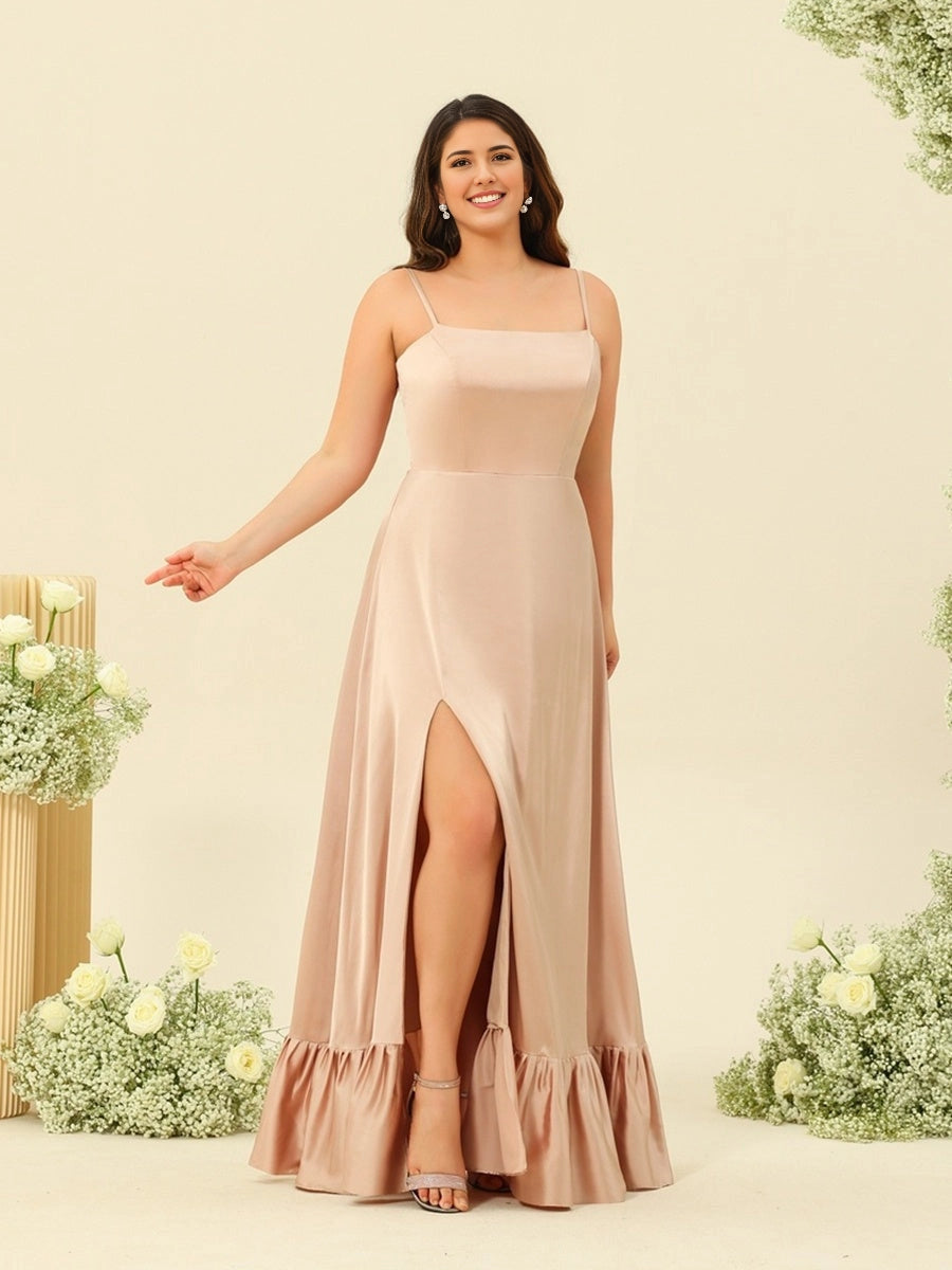 Champagne A-Line Square Neck Spaghetti Straps Lace-Up Back Slit Ruffle Satin Maxi Plus Size Mother Of The Bride Dress