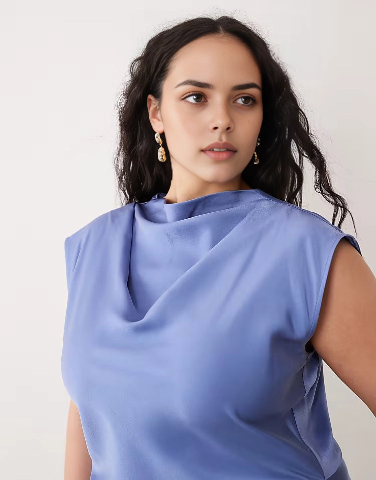 Roselledress Satin Draped Cowl Neck Cap Sleeve Keyhole Back Midi Plus Size Wedding Guest Dress
