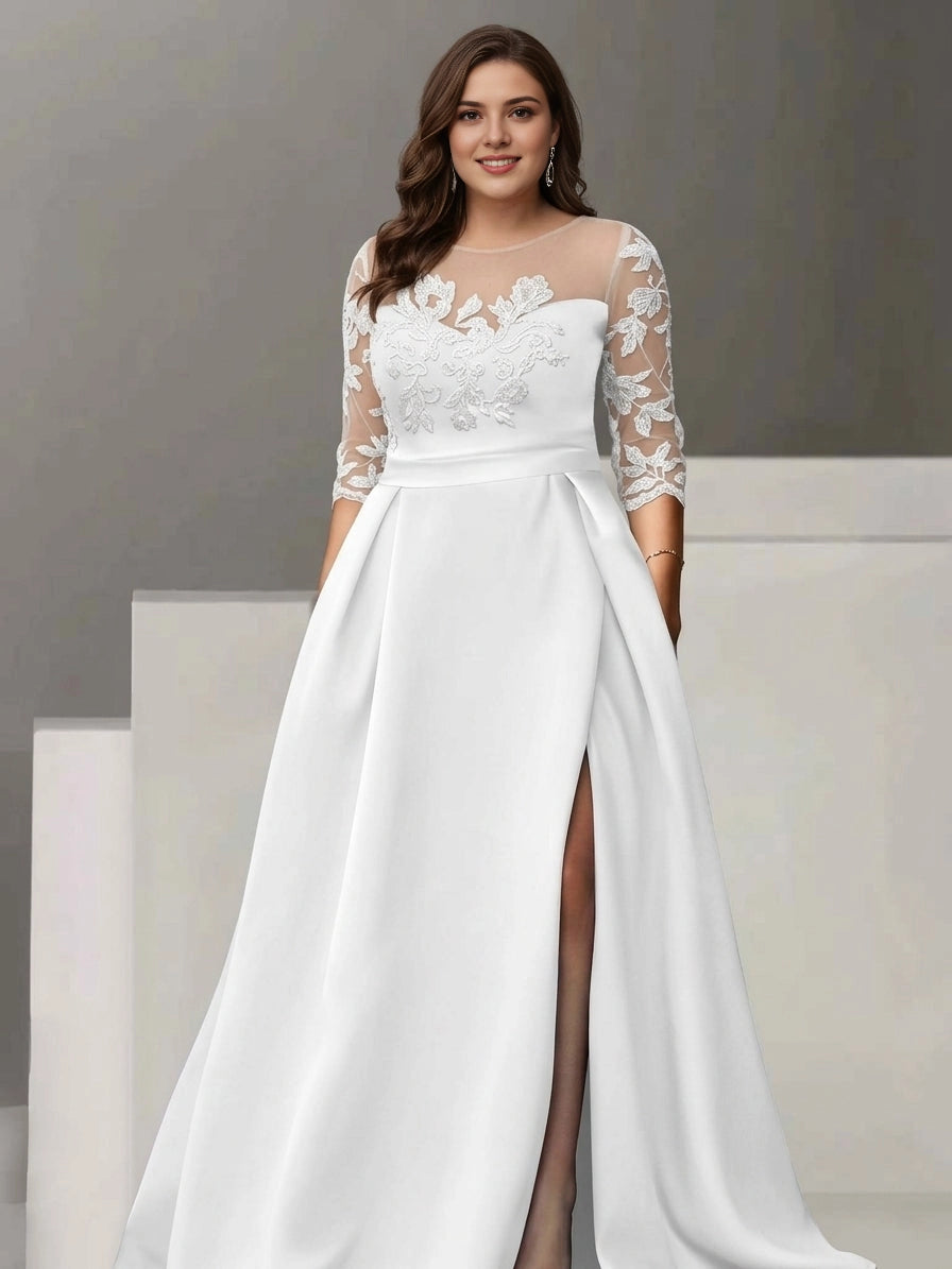 RoselleDress Black A Line Illusion Round Neck 3/4 Sleeve Illusion Back Floor Length Plus Size Mother Of Bride Dress