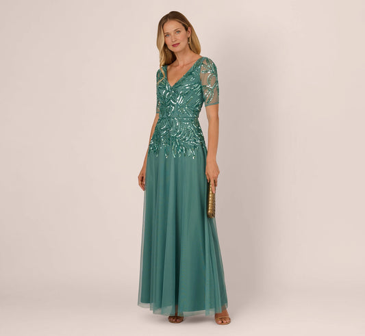 roselledress deep v back teal tulle evening gown sequin embroidered elbow sleeve mother of the bride dress back view