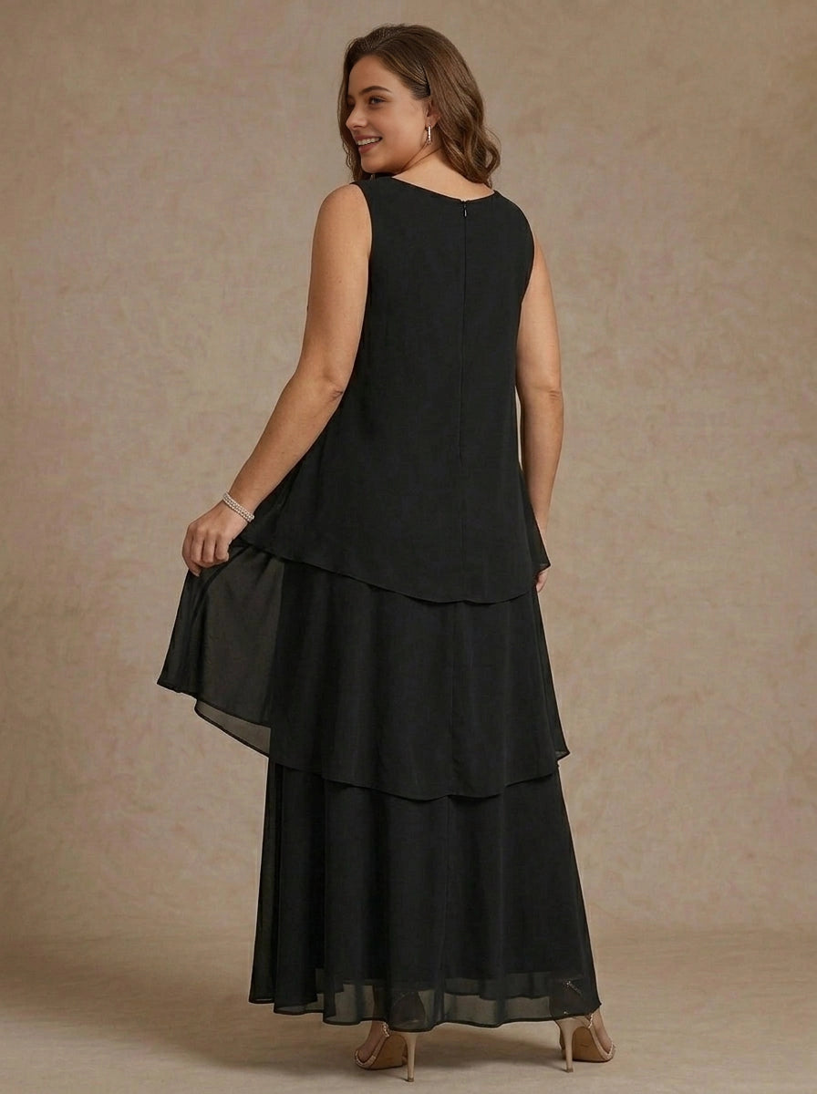 Roselledress Classic Black Plus Size A Line Square Neck 3/4 Sleeve Open Back Three Piece Maxi Mother Of Bride Dress