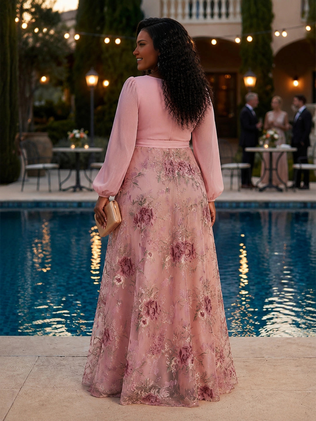 Roselledress pink floral embroidery formal gown back view, solid back zip closure plus size wedding guest maxi dress