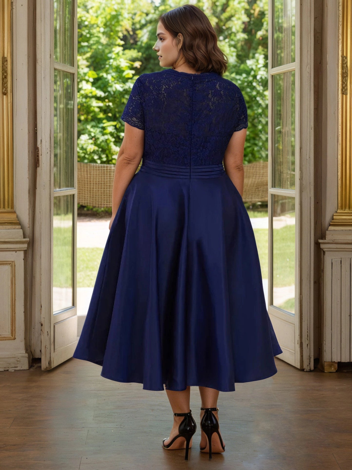 Roselledress plus size lace midi evening dress back view, zipper closure navy blue satin mother of bride gown