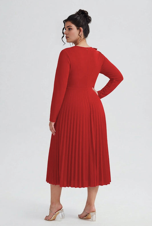 Back view Roselledress red plus size midi cocktail dress long sleeve zip‑back pleated party gown