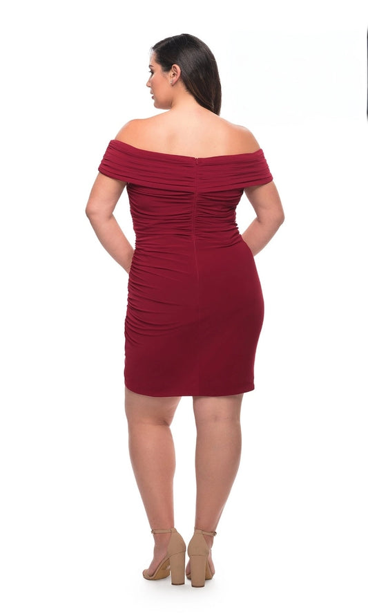 Burgundy plus size off-the-shoulder ruched zip back short homecoming dress back view by Roselle Dress