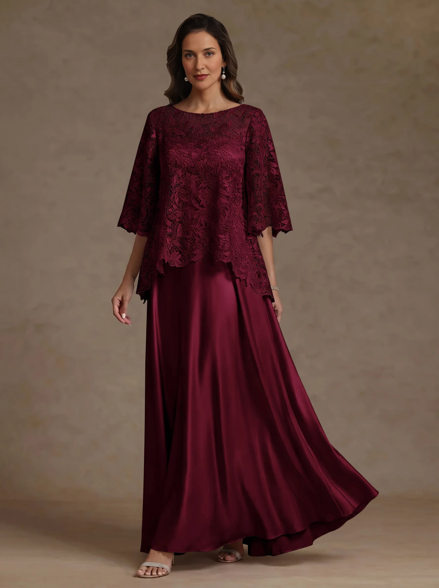 Elegant A-Line Round Neck Flounce-Sleeve Closed-Back Floor-Length Mother of the Bride Dresses