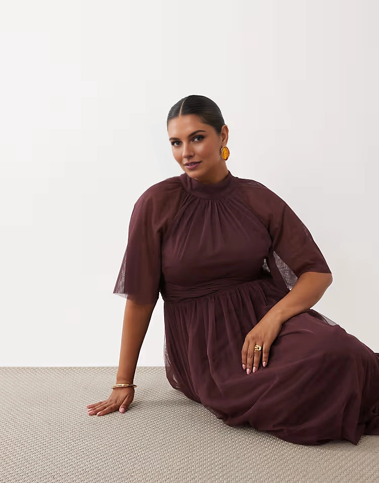 Tulle High‑Neck Flutter‑Sleeve Empire‑Waist Maxi Plus Size Wedding Guest Dress