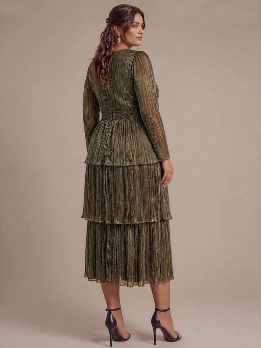roselledress olive green shimmer tiered cake skirt maxi dress long sleeve ruched back plus size formal wedding guest dress back view
