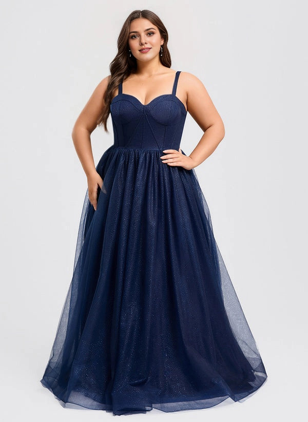 Roselledress Sparkle Tulle Aline Sweet heart Spaghetti Strap Zip Back Floor Length Plus Size Weeding Guest Dress