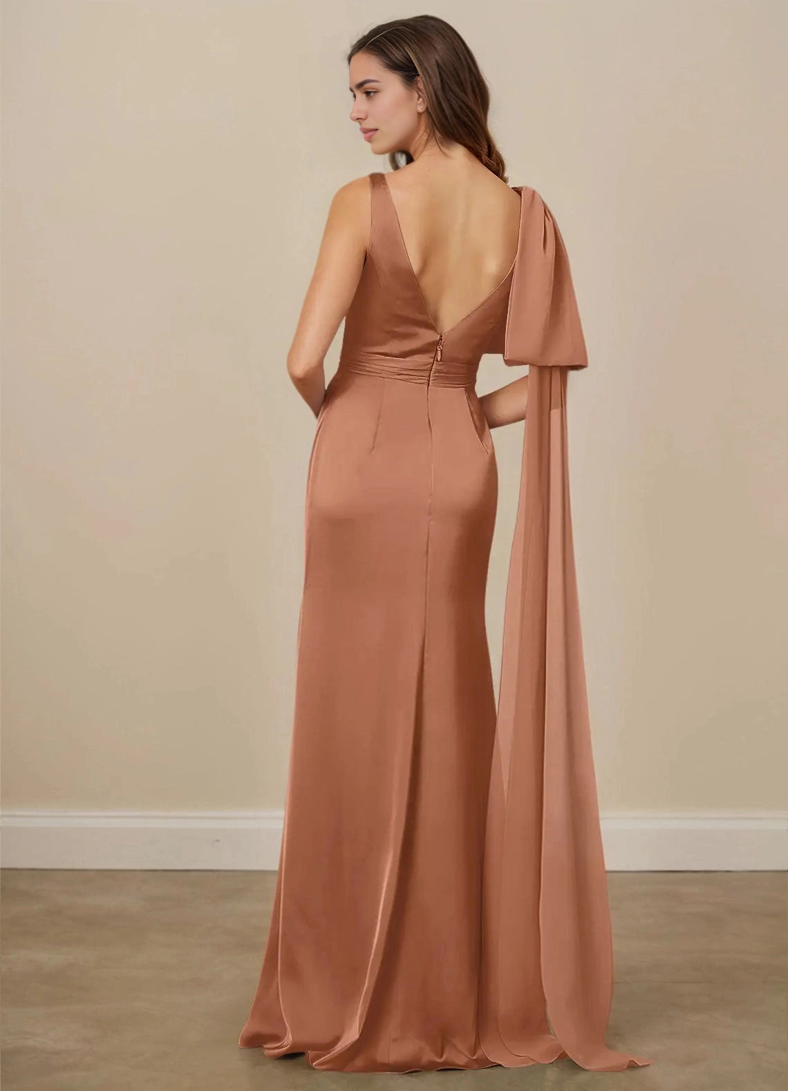 Luxury Rose gold Plus Size Mermaid Deep V One Draped Sleeve V Back Maxi Weeding Guest Dress