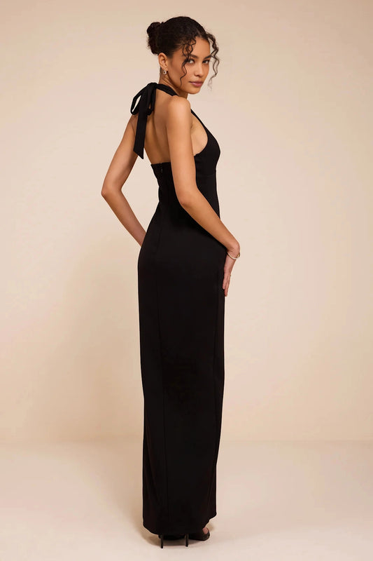 roselledress minimalist black slim formal gown seamless full open tie bow back vertical invisible zipper halter stretch knit date night party dress back view