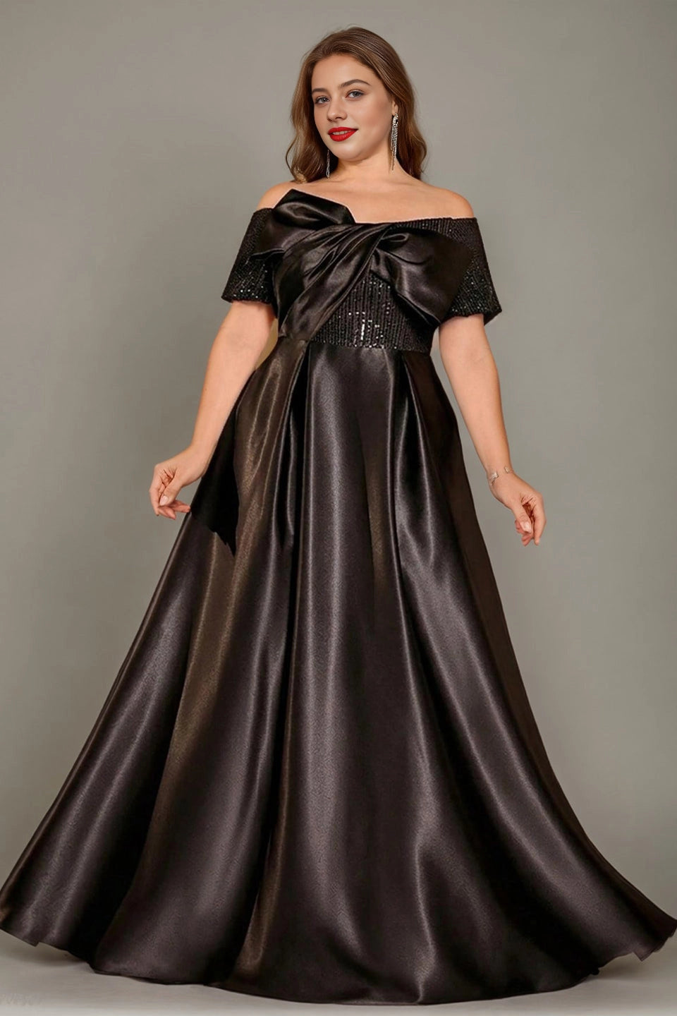 Glossy A-Line Off-The-Shoulder Short-Sleeve Zip-Back Floor-Length plus size Mother Of Bride Dress