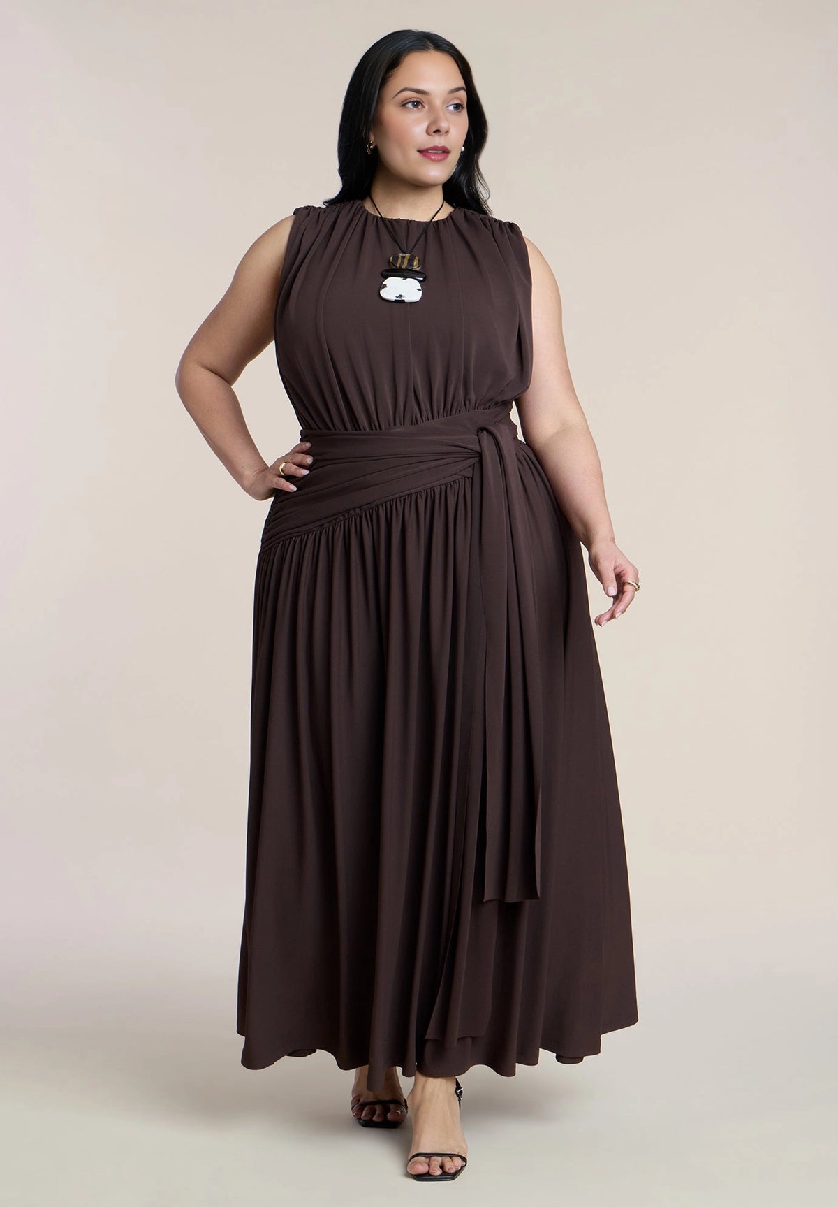 Red Plus Size Jersey A‑Line Round Neck Sleeveless Tie Waist Maxi Wedding Guest Dress