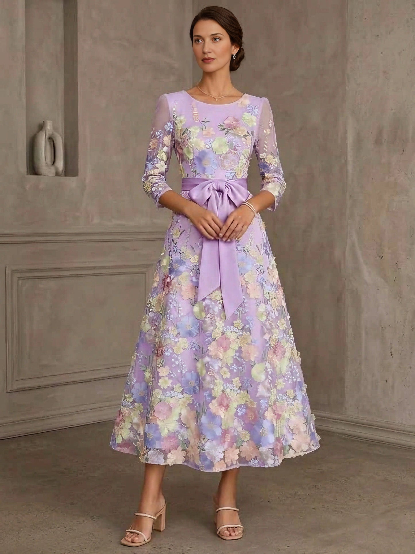 Fresh A-Line Bateau Neck Three-Quarter-Sleeve Closed-Back Midi Mother of the Bride Dresses