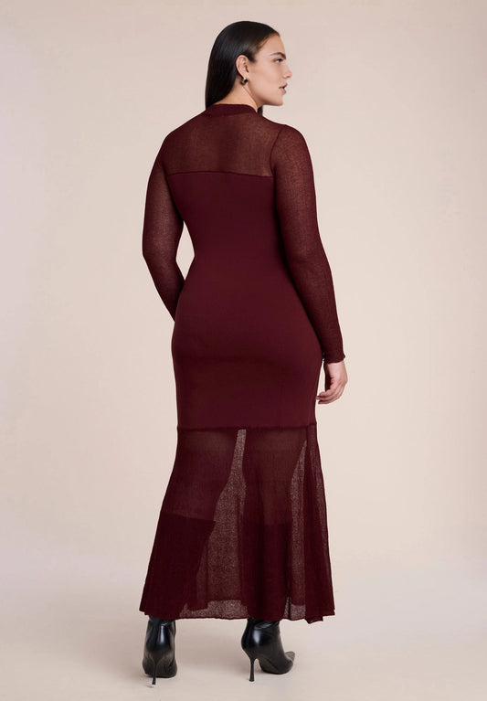roselledress burgundy plus size mermaid knit maxi dress sheer mesh panel high neck long sleeve formal wedding guest gown back view