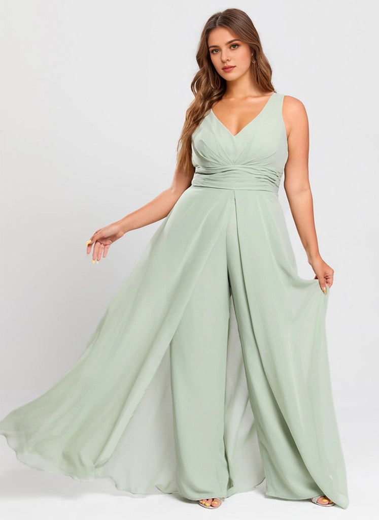 Chic Plus Size V-Neck Sleeveless V-Back Floor-Length Mother Of Bride Dress
