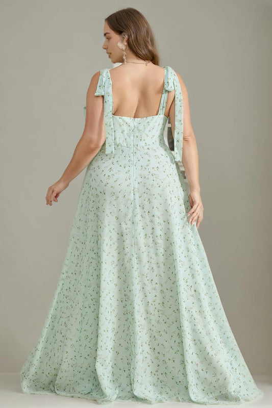 roselledress plus size mint floral chiffon formal dress straight back tie strap long wedding guest gown