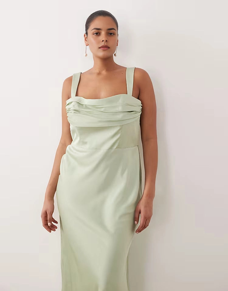 Satin Pleated Square‑Neck Wide‑Strap Back‑Slit Maxi Plus Size Bridesmaid Dress
