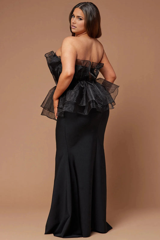 Roselledress black formal gown open back strapless organza peplum plus size floor‑length prom dress back view
