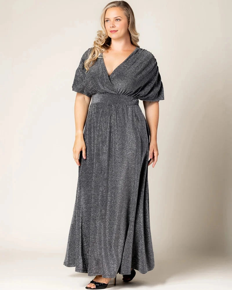 Bronze Shimmer Dolman Sleeve V‑Neck Maxi Plus Size Wedding Guest Dress