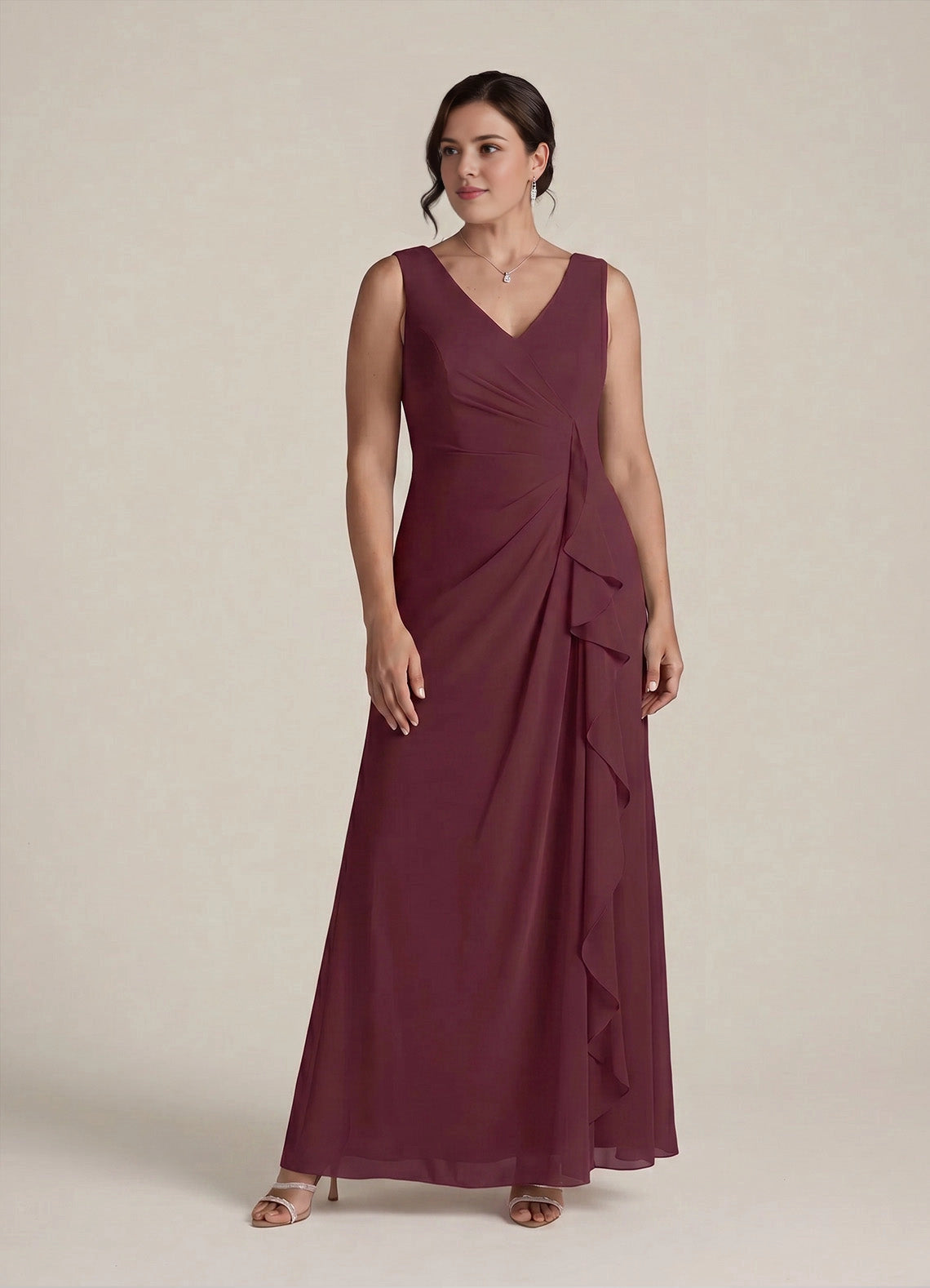 Elegant A-line V-Neck Sleeveless Zip-Back Maxi plus size Mother Of Bride Dress
