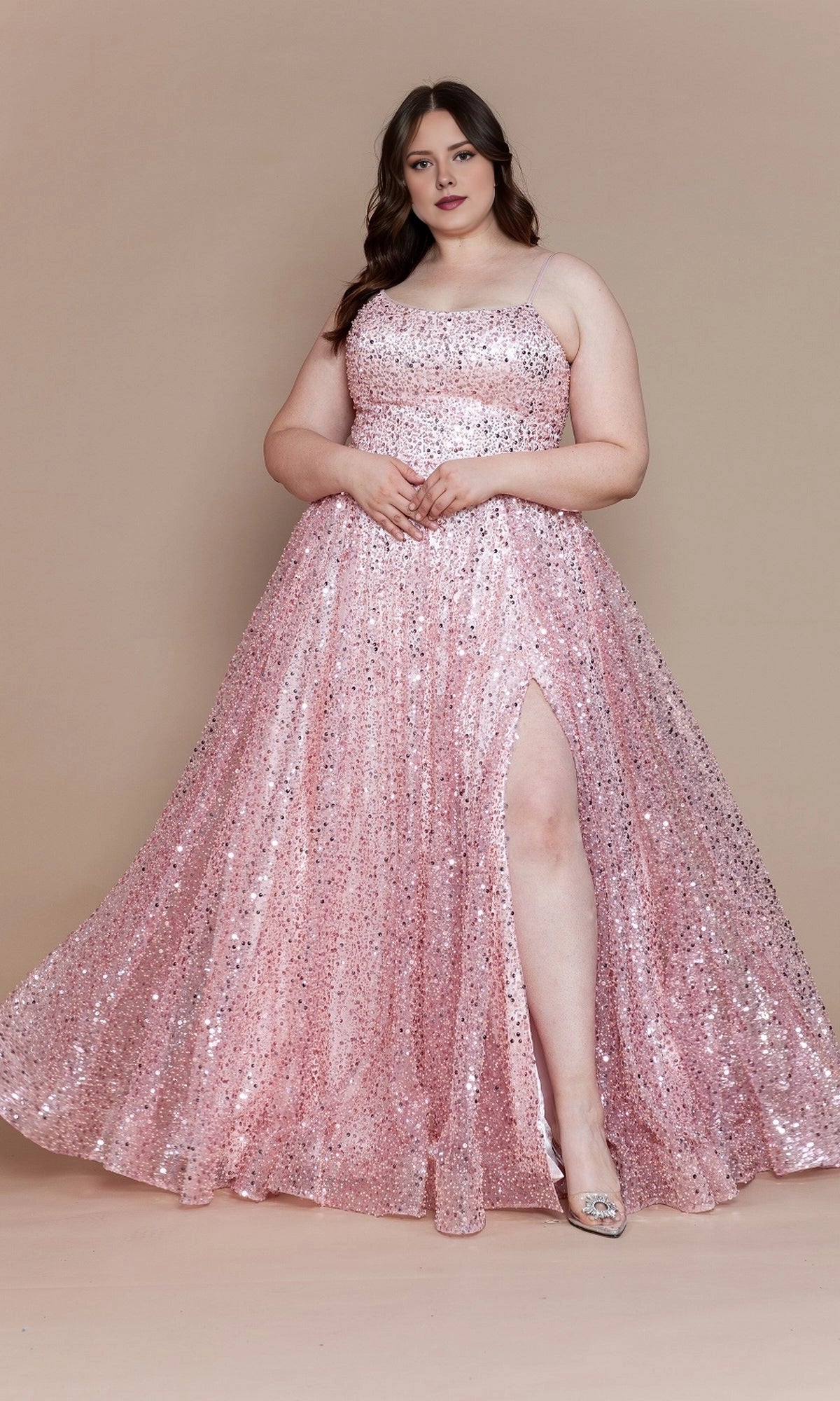 Sparkly A-Line Square Neck Spaghetti Strap Lace-Up Back Slit Floor Length Plus Size Sequin Prom Dress