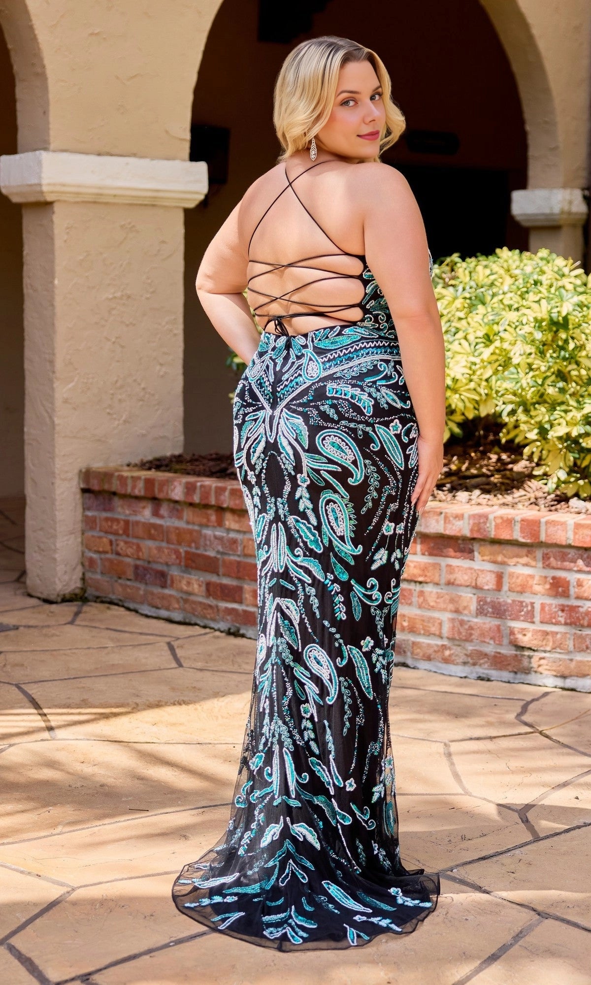 Mermaid Scoop Spaghetti Strap Criss-Cross Back Train Length Plus Size Beaded Tulle Wedding Guest Dress