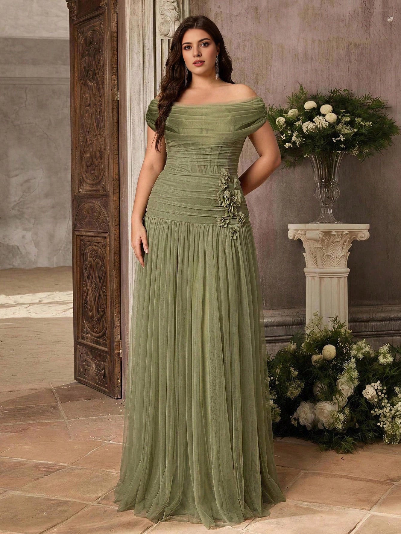 Sage‑Green Plus‑Size A‑Line Off‑Shoulder Short‑Sleeve Zipper‑Back Floor‑Length Prom Dress