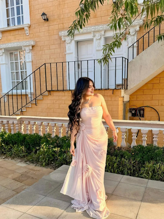 Romantic Plus Size Sheath Strapless Zip Back Long Blush Chiffon Evening Dress