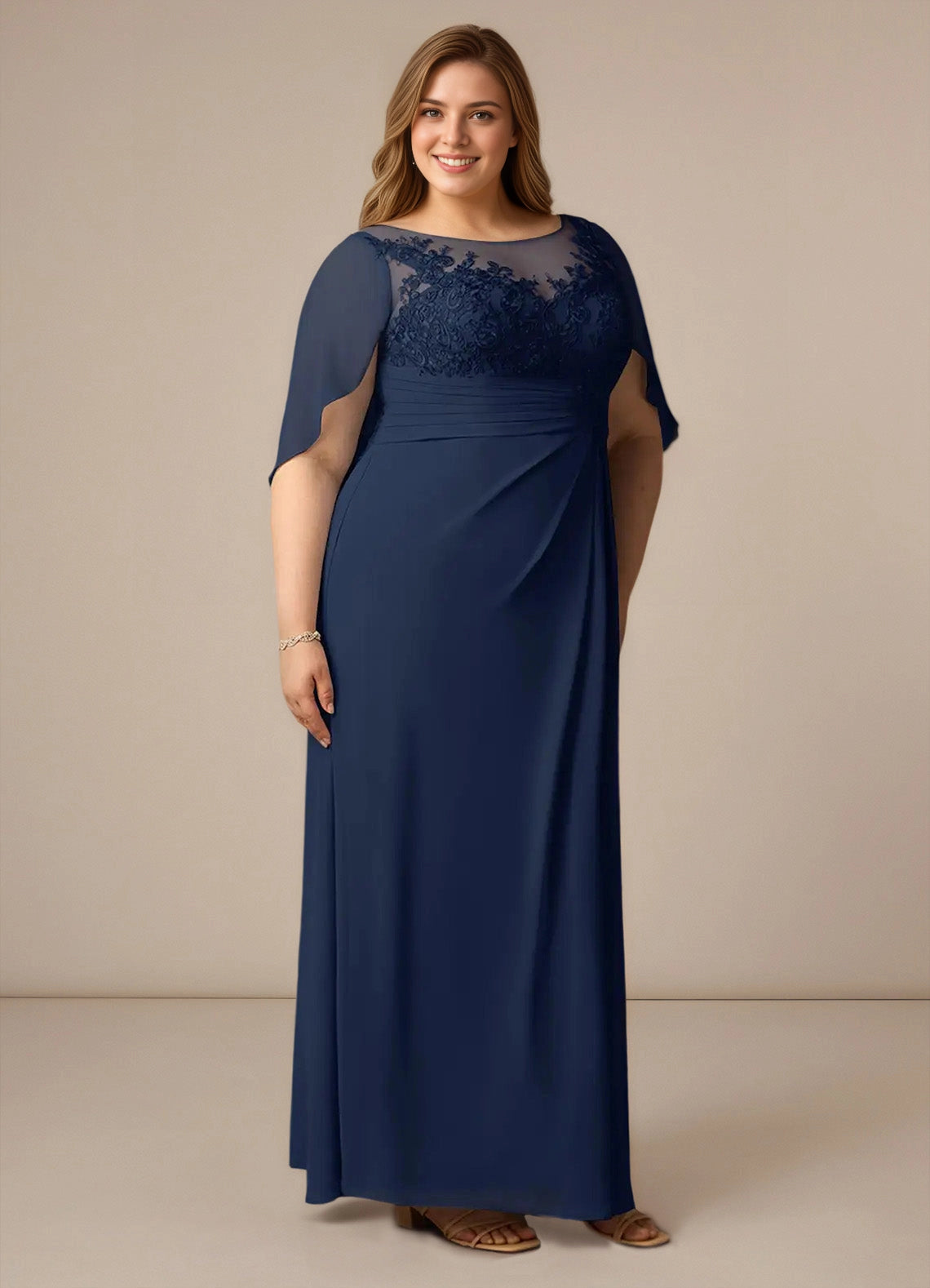 Elegant A-line Illusion Neck Cape Sleeve Draped-Back Maxi plus size Mother Of Bride Dress