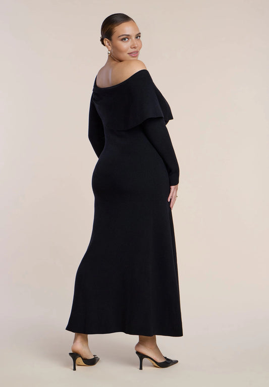 roselledress black plus size mermaid knit maxi dress off‑the‑shoulder fold over neck long sleeve evening gown back view