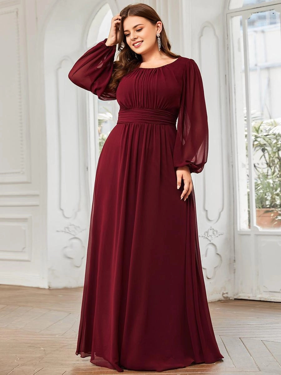Roselledress Flowy A-Line Scoop-Neck Lantern-Sleeve V-Zip-Back Maxi Plus Size Weeding Guest Dress