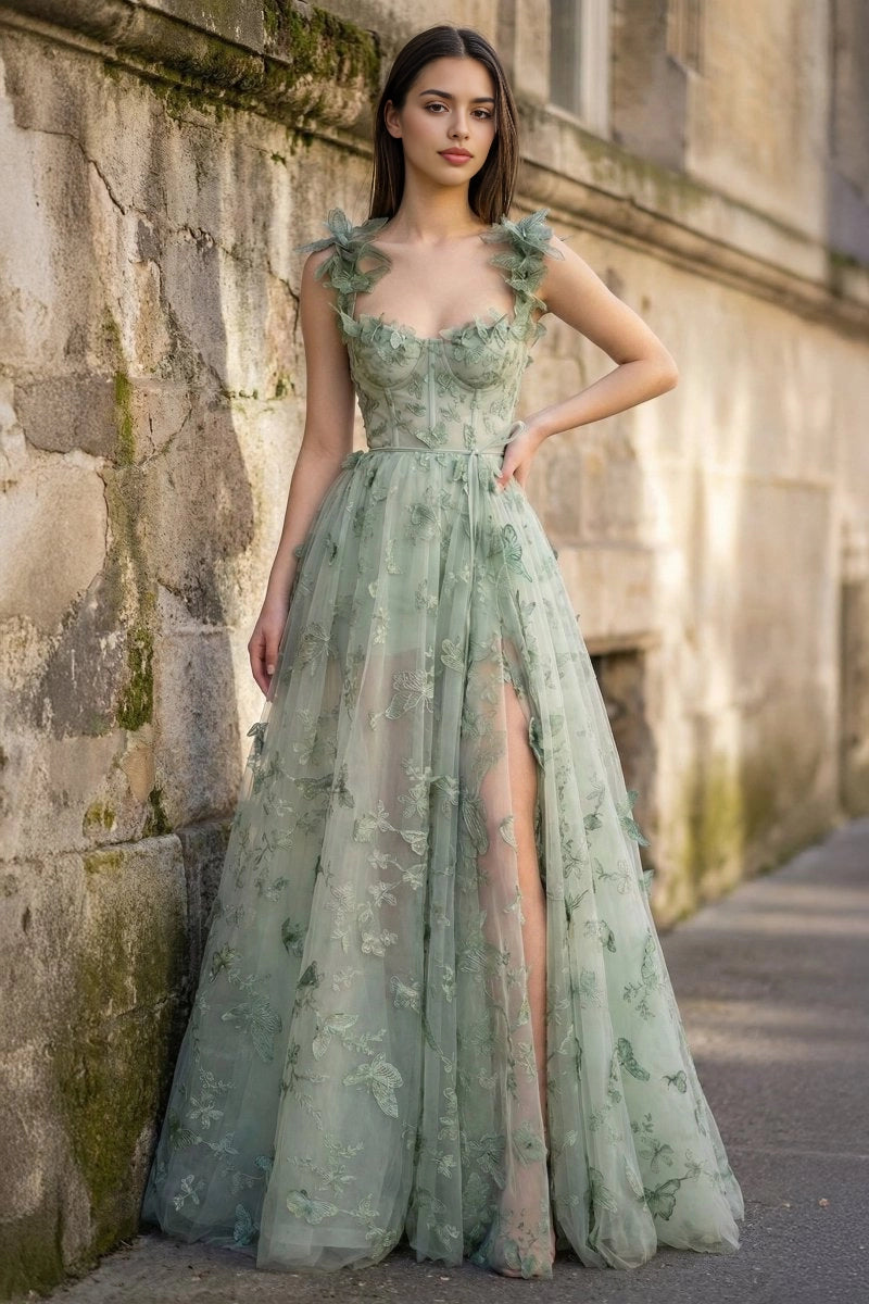 Roselledress A-Line Square Neck Strap Corset Lace-Up Back Butterfly Tulle Plus Size Prom Dress
