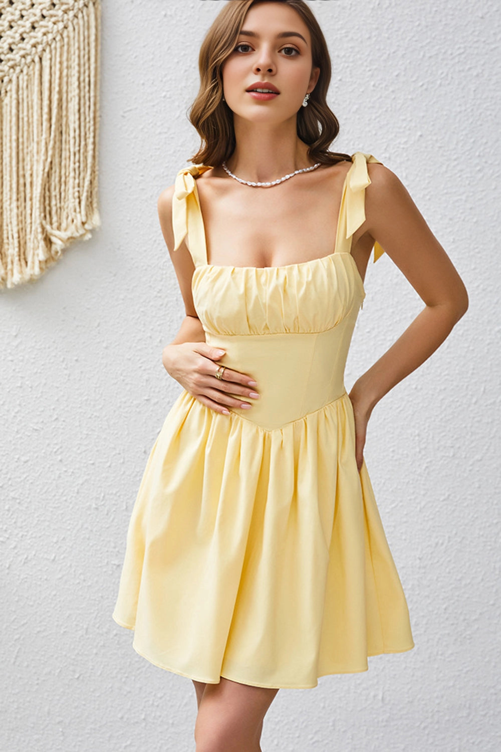Pale Yellow A Line Square Neck Bow Strap Lace Up Back Mini Homecoming Dress