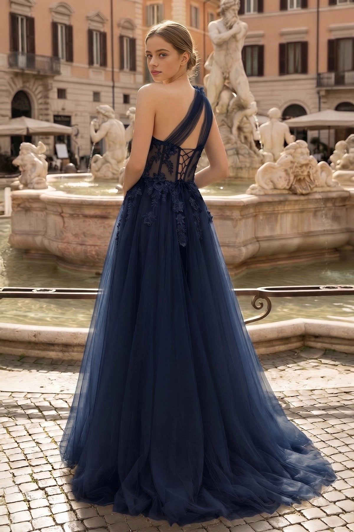 Roselledress Flowy A-Line One Shoulder Lace Corset Lace-Up Slit Train Plus Size Prom Dress